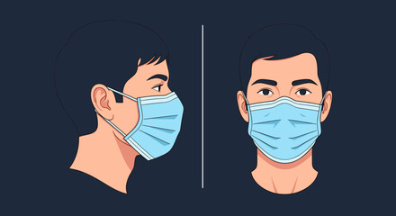 An illustration of a man wearing a light blue surgical face mask, depicted from side and front views, emphasizing health protection.
