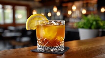 Refreshing cocktail served in a crystal glass with ice cubes and a lemon slice, placed on a wooden bar counter, surrounded by a cozy, softly lit lounge atmosphere