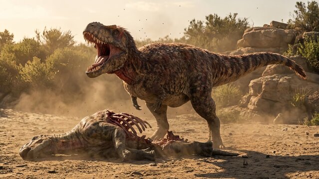 Tyrannosaurus rex roaring with wide-open jaws and sharp teeth, standing over the bloody carcass of a large prey animal in a dusty prehistoric environment, displaying dominance and ferocity - Powered by Adobe