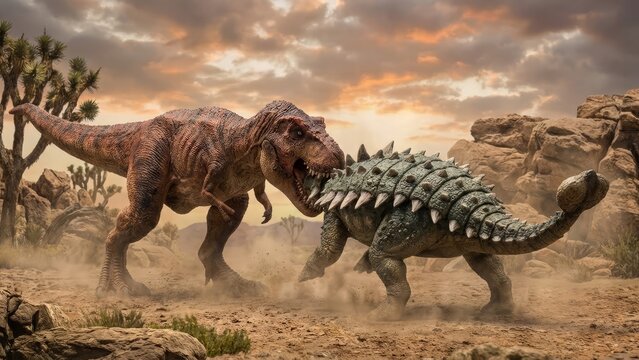Tyrannosaurus rex predator aggressively biting the armored neck and back of a defensive ankylosaurus prey, depicting a powerful clash for survival in a dusty prehistoric desert environment - Powered by Adobe