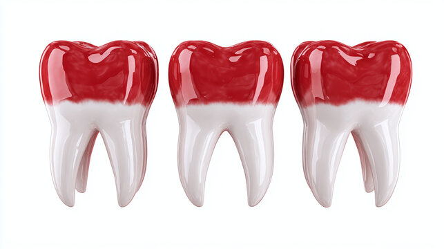 Three artificial teeth are arranged in a row, with a red upper portion and a white lower portion