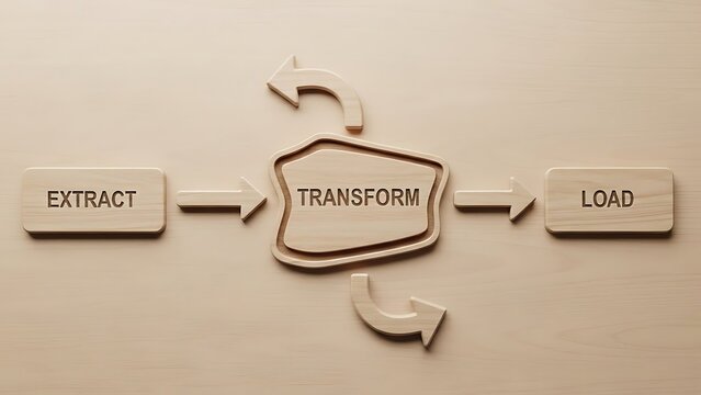 Wooden blocks illustrating the essential etl data processing workflow with extract transform and load steps on a light background - Powered by Adobe