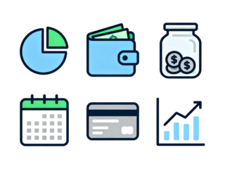 Financial Elements: Depicting essential financial tools like a pie chart, a wallet with money, a savings jar, a calendar, a credit card, and a graph showing growth. Emphasizing financial planning.