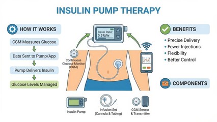 Diagram of insulin pump therapy with cgm: sensor sends glucose data to app and pump, which delivers precise insulin for better glucose control and daily diabetes management
