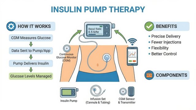 Diagram of insulin pump therapy with cgm: sensor sends glucose data to app and pump, which delivers precise insulin for better glucose control and daily diabetes management