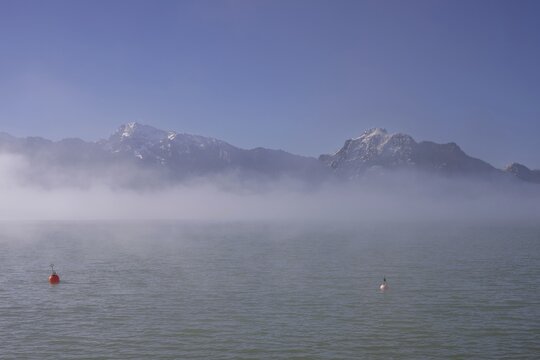Morning atmosphere at Forggensee, near F&uuml;ssen, Ostallg&auml;u, Allg&auml;u, behind Tegelberg, 1881m and S&auml;uling, 2047m, Ammergau Alps, Bavaria, Germany