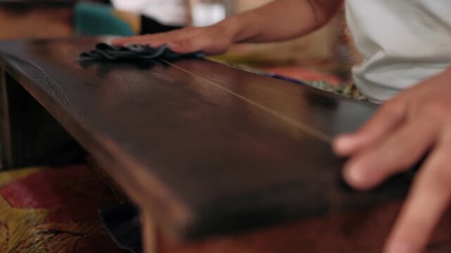 Close-up of woman extracting fibers from lotus stems to create a rare and luxurious silk thread, Cambodia, Siem Reap.