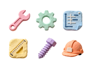 Crafting Tools Miniature Set: A vibrant and meticulously crafted set of miniature construction tools in the form of a wrench, gear, blueprint, ruler, screw, and helmet.