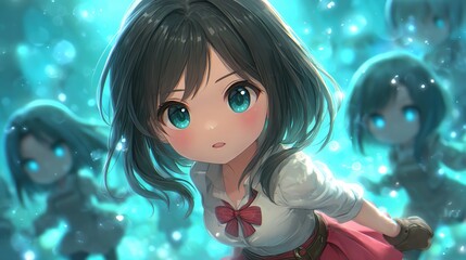 Cute anime girl with magical blue background.