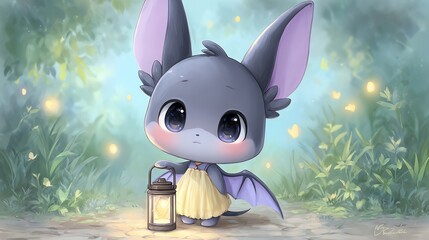 Cute bat character exploring mystical forest.