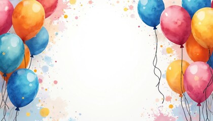 Colorful balloons float against a white background with watercolor splashes. This festive arrangement suits birthday parties graduations and holiday celebrations.