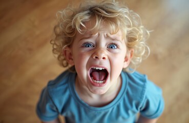 Little boy screams looks at camera with fury. Curly blonde toddler shouts with mouth open. Annoyed upset child shows anger. Frustrated kid with blue eyes has tantrums.
