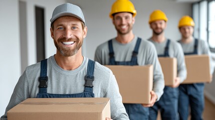 Smiling male construction worker in gray shirt and cap, carrying cardboard box, leading a team of three colleagues in hard hats, showcasing teamwork and dedication in a modern workspace