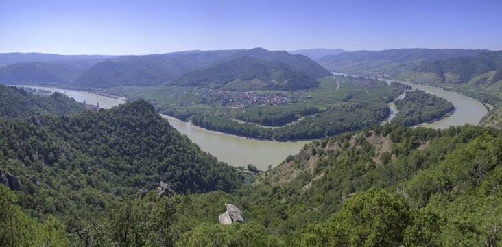 D&uuml;rnstein Rossatz and Danube island Pritzenau, view from the D&uuml;rnstein pulpit, D&uuml;rnstein, Lower Austria, Austria