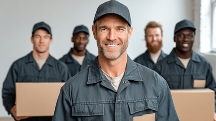 Group of smiling delivery workers in gray uniforms standing together in a bright warehouse, showcasing teamwork and camaraderie while holding cardboard boxes for logistics and shipping services