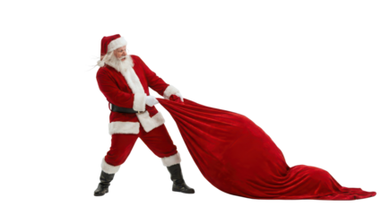 Santa Claus in red suit pulling heavy gift sack, isolated on white background