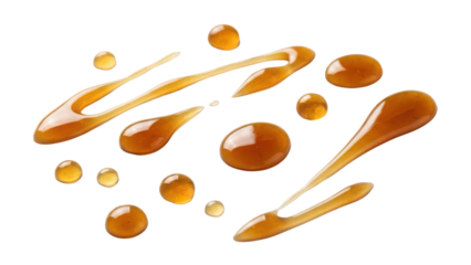 Golden Amber Viscous Liquid Drops and Drizzles Isolated on White Background