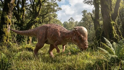 Pachycephalosaurus dinosaur carefully navigating a dense ancient forest filled with moss-covered trees and various tropical plants and ferns, depicting prehistoric wildlife and nature