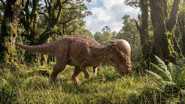 Pachycephalosaurus dinosaur carefully navigating a dense ancient forest filled with moss-covered trees and various tropical plants and ferns, depicting prehistoric wildlife and nature - Powered by Adobe