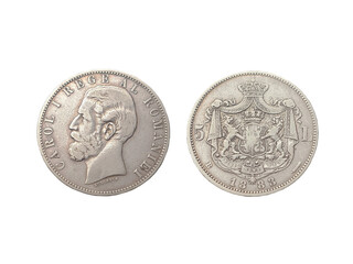 Old silver coin, Romanian 5 lei 1880, five lei King Carol