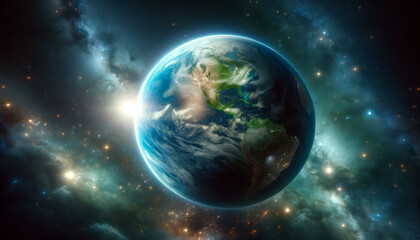 Planet Earth from space with glowing city lights, North and South America view