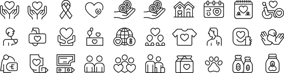 Charity and donation icon set featuring giving hands, heart support, fundraising help, nonprofit symbols, community care, humanitarian aid, volunteer assistance