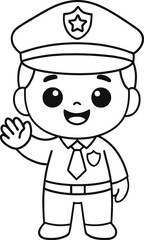 Cartoon police officer waving in uniform, black and white line art, friendly law enforcement character, community helper illustration for kids, coloring book design
