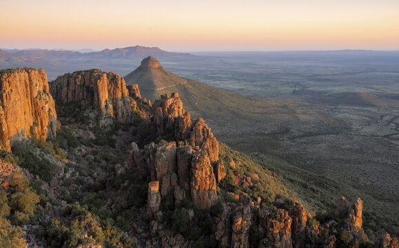 View of the Valley of Desolation at sunset, eroded rock needles made of dolorite, Camdeboo National Park, Graaff-Reinet, Eastern Cape, South Africa