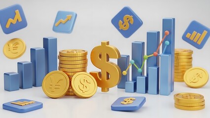 Golden currency symbols and blue bar graphs illustrate financial growth and investment success in a clean 3d rendering environment for banking concepts