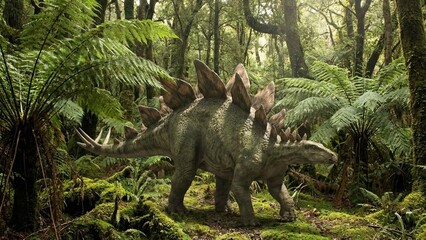 Stegosaurus, a large herbivorous dinosaur, is walking through a dense, lush prehistoric jungle forest, bringing to life an extinct creature from the mesozoic era