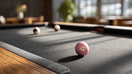 Close-up view of a billiard table featuring a pink number eleven ball and two other balls, illuminated by natural light, creating a relaxed atmosphere for a game of pool