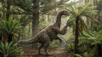 Feathered theropod dinosaur standing amidst ancient ferns and towering trees in a dense primeval forest, illustrating a paleoart reconstruction of extinct wildlife