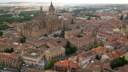 A panoramic aerial view of the old town around the city of Salamanca in west of Spain on a cloudy summer noon 