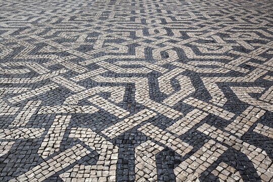 Portuguese mosaic paving, black and white paving motif, Praça dos Restauradores, Lisbon, Portugal