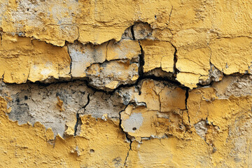 Obraz premium Close up of peeling yellow paint revealing cracks and textured plaster underneath