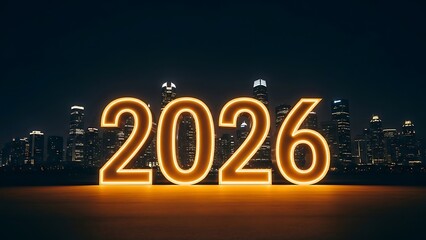 Glowing neon numbers 2026 illuminated against a dark city skyline
