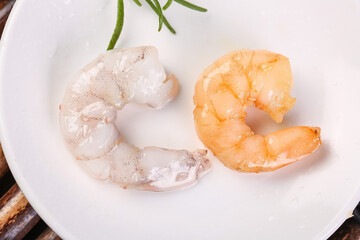 Fresh Raw and Cooked Shrimp on White Plate Studio Food Photography