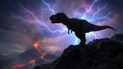 Tyrannosaurus rex stands on a rocky outcrop watching a volcanic apocalypse: flowing lava, thick smoke, and jagged lightning slash a dark stormy prehistoric sky