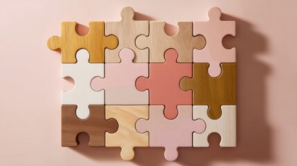 Pastel colored wooden jigsaw puzzle pieces overhead view for creative design , Brain Teaser Month