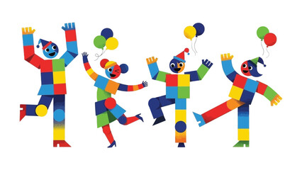 Joyful Ensemble of Colorful Figures: A playful assembly of cheerful, geometric figures, each a unique mosaic of colors, joyfully dancing and celebrating with festive balloons in a whimsical.