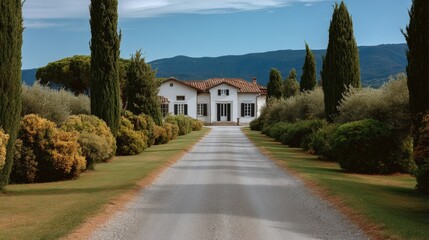 Fototapeta premium Scenic view of a charming countryside villa surrounded by lush greenery and tall cypress trees, with a gravel driveway leading to the entrance, showcasing serene rural living and natural beauty