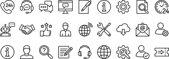 Customer support and communication icon set showing help services, chat assistance, global connection, tools, information symbols, call center elements, service management