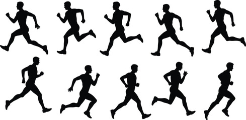 Running silhouette illustration set, cartoon athlete motion sequence, black figure clipart, sports training concept, dynamic movement artwork, fitness and exercise design