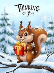 Cartoon squirrel holding a gift box with snowflakes in winter scene  