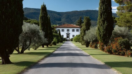 Obraz premium Elegant white villa surrounded by lush greenery and tall cypress trees, with a scenic driveway leading to the entrance, showcasing tranquil countryside living and architectural beauty