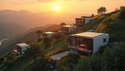 Fototapeta premium Modern eco-friendly homes with solar panels built on green mountain hill at sunset. Contemporary dwellings feature large glass windows, balconies. Offer beautiful panoramic view of valley, distant