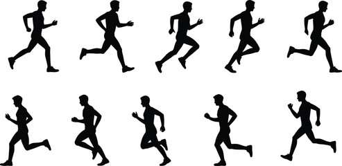 cartoon athlete motion sequence, black figure clipart, sports training concept, dynamic movement artwork, fitness and exercise design