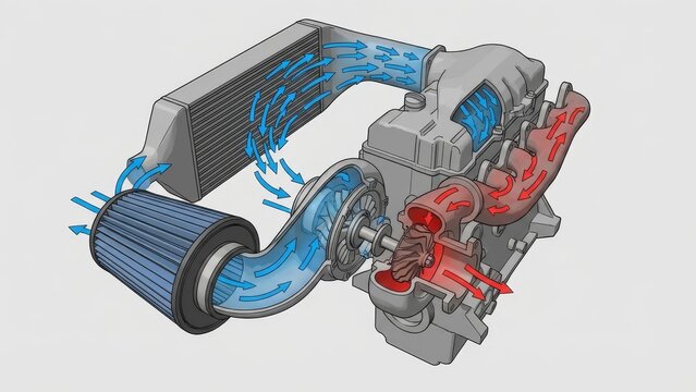Turbocharger system diagram illustrating the complete air intake and exhaust gas flow paths from the air filter through the intercooler to the engine cylinders and out the exhaust turbine