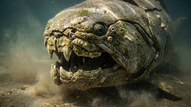 Dunkleosteus, a powerful armored placoderm from the devonian period, capturing a smaller prehistoric fish in its formidable jaws while swimming in ancient ocean waters