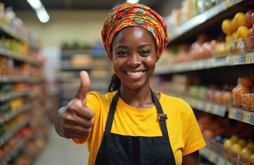 Smiling african woman store attendant wearing headscarf and apron gives thumbs up. She works in a grocery store near shelves filled with food items.